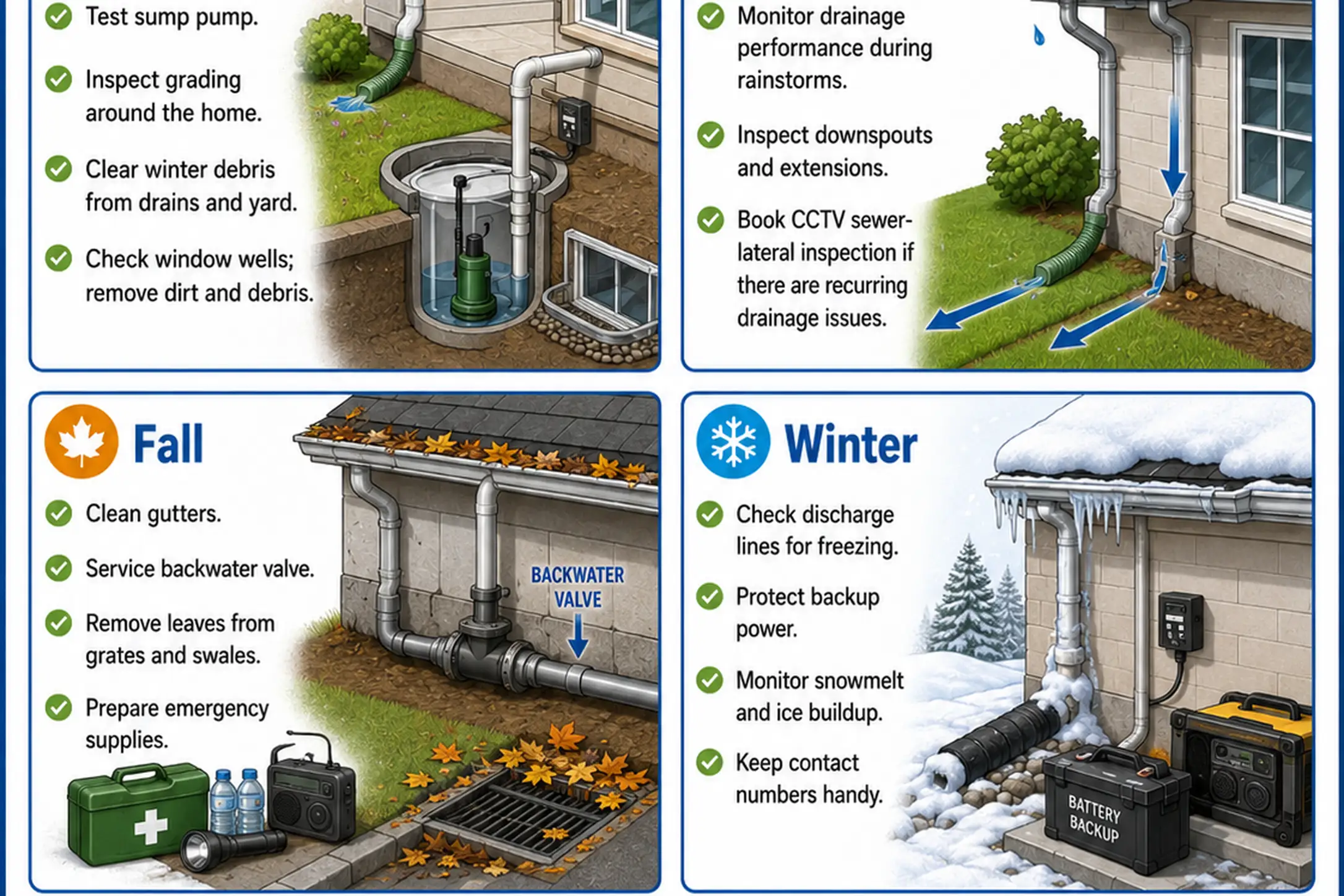 Technician documenting residential drainage and flood-protection conditions
