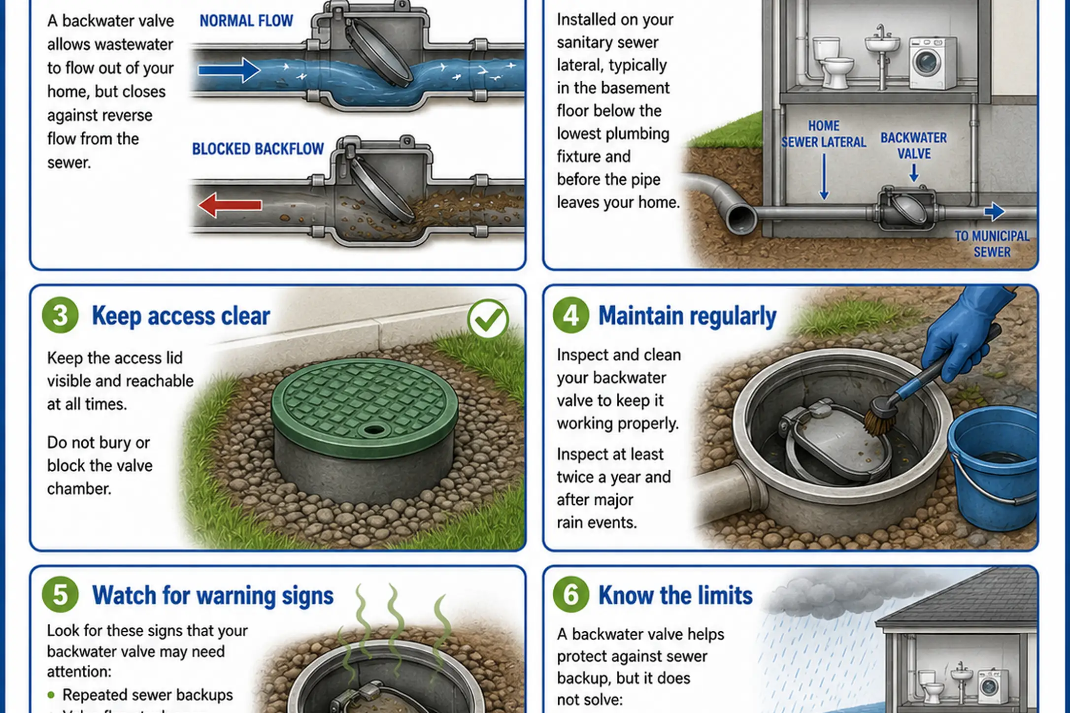 Homeowner guide illustrating backwater-valve purpose, access and maintenance