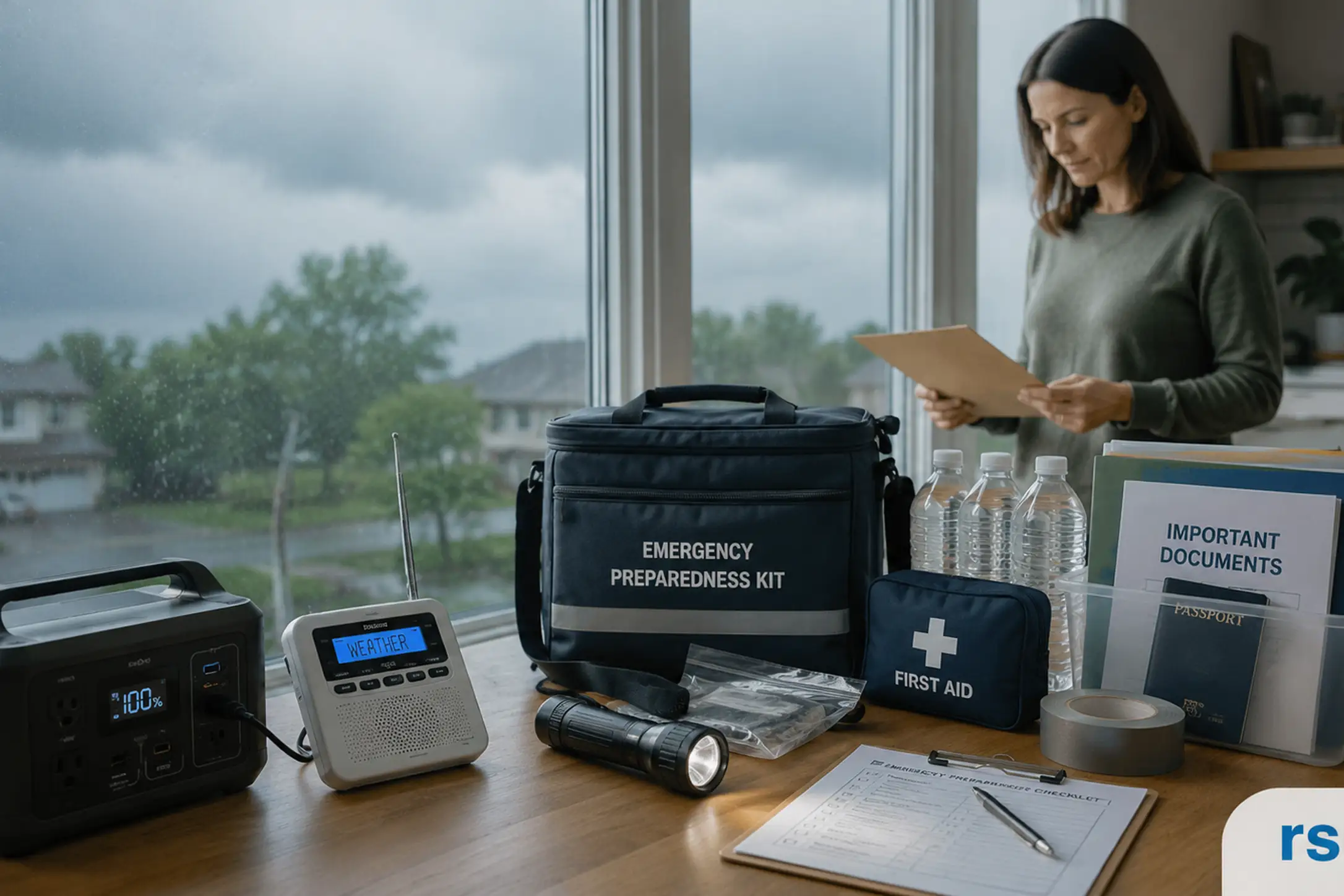 Emergency flood kit and household preparedness supplies