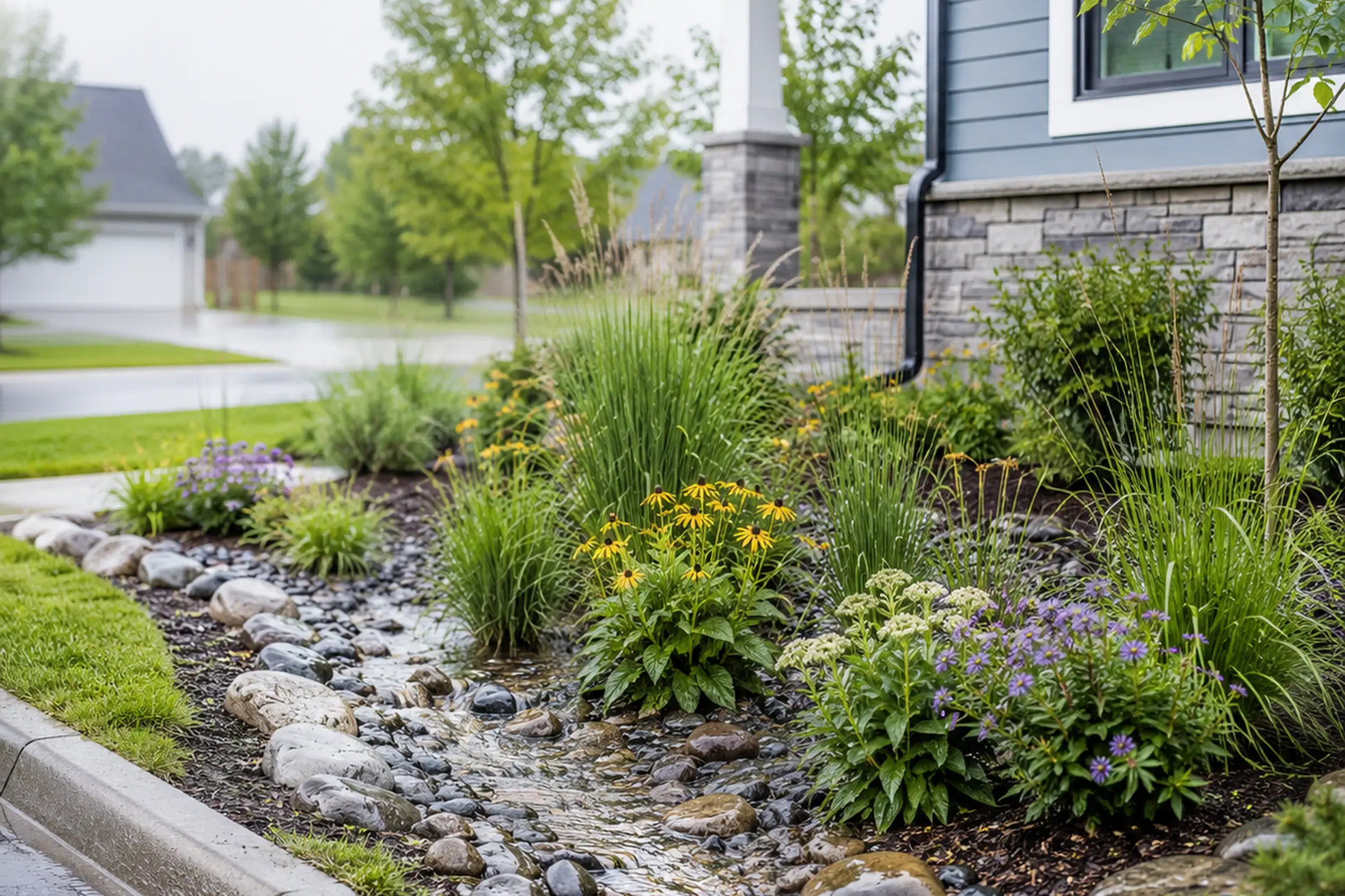 Rain garden receiving and slowing runoff beside a residential property